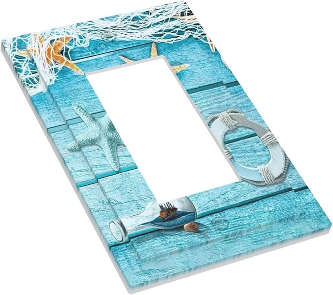 1 Gang Single GFCI/Decorator Rocker Outlet Light Switch Wall Plate Cover Nautical Beach Turquoise Teal Blue Wood Wooden Starfish Shell Net Decorative One Device Electrical Faceplate Cover Dimmer