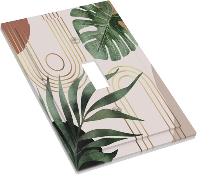 Mid Century Bohemian Modern Abstract Minimalist Boho Neutral Art Vintage Leaves Arch 1-Gang Outlet Light Switch Plate Decorative Single Toggle Face Wall Plate Electrical Receptacle Cover Large Size