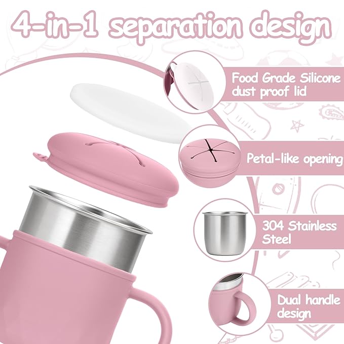 Toddler Snack Containers Stainless Steel Spill-Proof Snack Containers for Toddlers with Spill-Proof Silicone Lids and Handles 4-in-1 Baby Snack Cup is Dishwasher Safe for Easy use On The Go（Pink）
