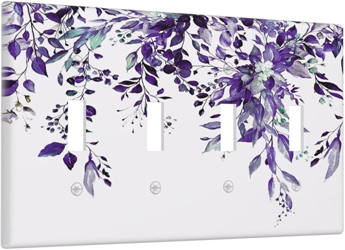 Decorative Light Switch Cover Plate Purple Eucalyptus Boho Olive Leaves Country Unique 4 Gang Wall Plate Switch Plate Covers Quad Toggle Jumbo Electrical Faceplate for Bedroom Decor