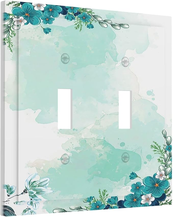 Decorative Switch Plates Blue Green Flowers Light Green Watercolor Patterns 2 Gang Double Toggle Wall Plate Outlet Light Switch Cover Electrical Faceplate for Bedroom Home Decor