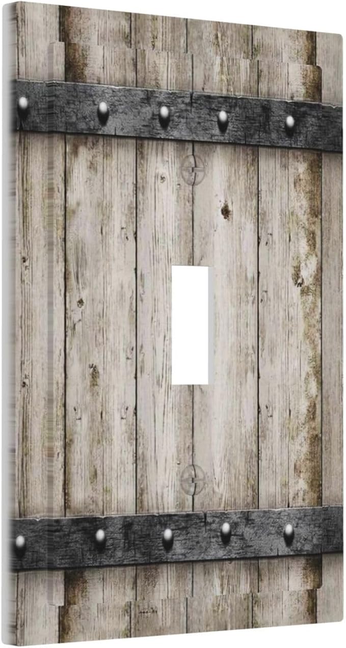 Western Rustic Wooden Barn Door Kitchen Wood Cabin Farmhouse Country Retro Plank 1-Gang Outlet Light Switch Plate Cover Decorative Single Toggle Face Wall Plate Electrical Receptacle Cover Jumbo Size