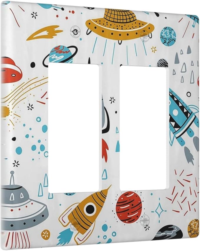 Cartoon Space Rocket Boys Universe Planet 2 Gang Rocker Decora Light Switch Covers Decorative Unique Dual Outlet Covers Wall Plate Electrical Faceplate Switchplate GFCI for Nursery Kidroom