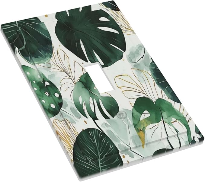 Boho Tropical Green Leaf Watercolor Banana Leaves Decorative Light Switch Cover 1 Gang Single Toggle Device Electrical Faceplate Switchplates Decorator Outlet Wall Plate For Bed Room Living Room Decor