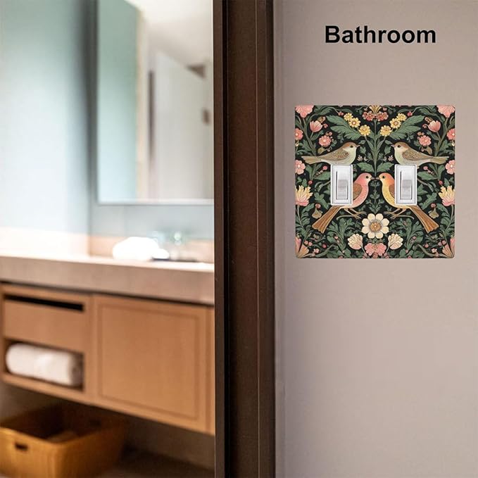 Vintage Bird Floral 2-Gang Double Toggle Switch Plate, Dark Green Bird Flower Wall Plate for Home, Bedroom, Sunroom & Bathroom