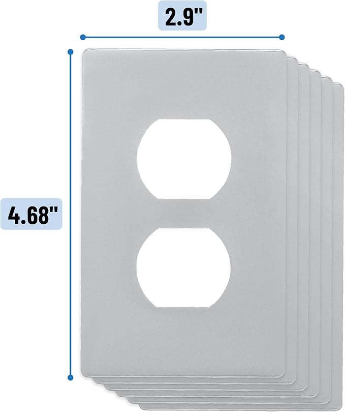 Bates- Screwless Duplex Wall Plate, Standard Size, 4.68" x 2.9", 6 Pack, Silver, 1-Gang Child Safe Receptacle Outlet Cover, Unbreakable Polycarbonate Thermoplastic