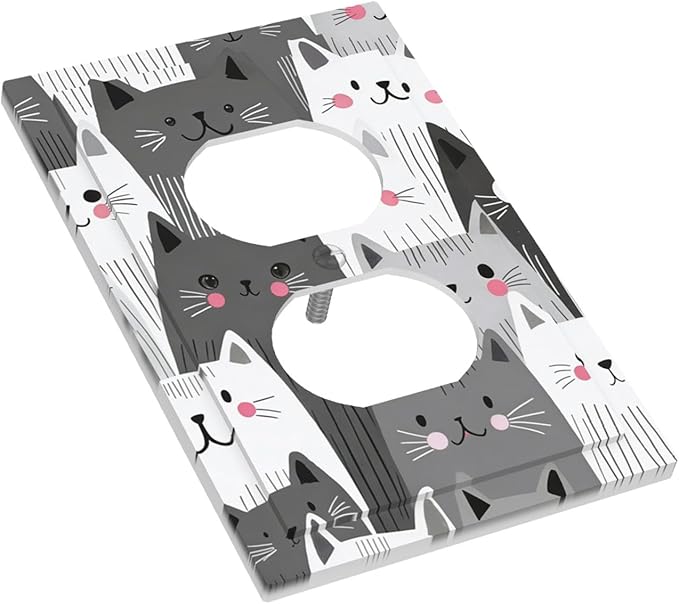 Playful Monochrome Cats with Blush Cheeks Duplex Wall Plate - 1-Gang Standard US Size Cat Lover's Fun Outlet Covers for Boys & Girls Room Decor