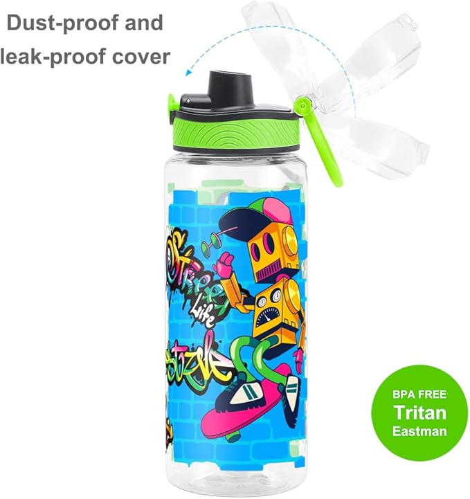 Home Tune Cute Water Bottle for School Kids Girls, BPA FREE Tritan & Leak Proof & Easy Clean & Carry Handle, 23oz/ 680ml - Sports Robot