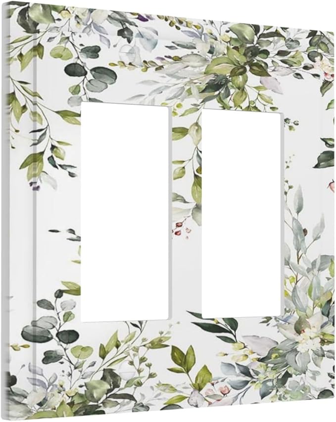 Eucalyptus Sage Green Leaf Plant Floral Decorative Outlet Covers 2 Gang Double GFCI Rocker Electrical Wall Panels Light Switch Cover Plate for Bedroom Living Room Decor