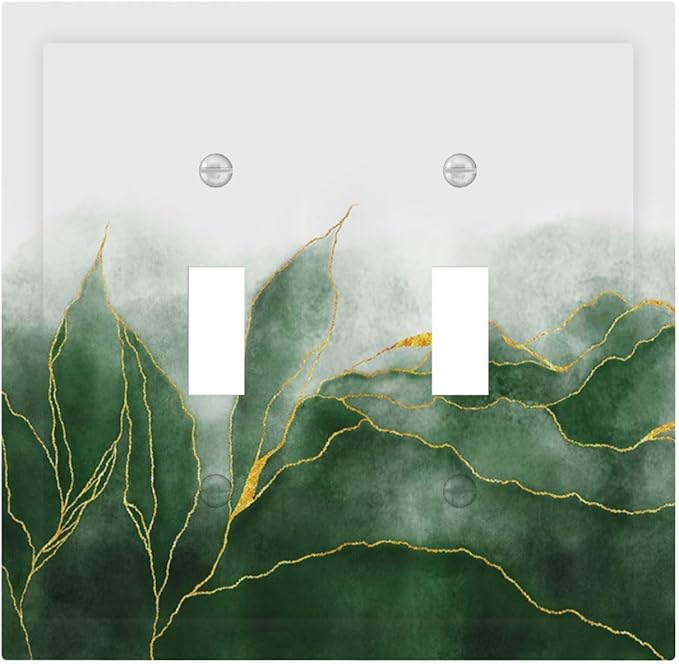 Light Switch Cover Plate Green Gold Leaf Marble Modern Abstract 2 Gang Double Toggle Decorative Switch Plates Plug Cover Wall Plates Electrical Faceplate for Kitchen Bathroom Decor