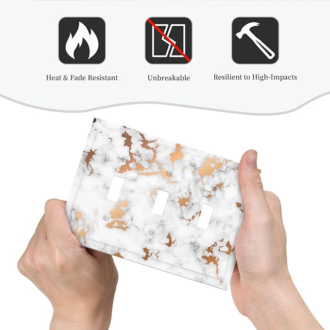 Lexury White Red Golden Marble 3 Gang Light Switch Plate Decorative Triple Toggle Wall Plate Cover Electrical Faceplate for Bathroom Home Living Room Decorate