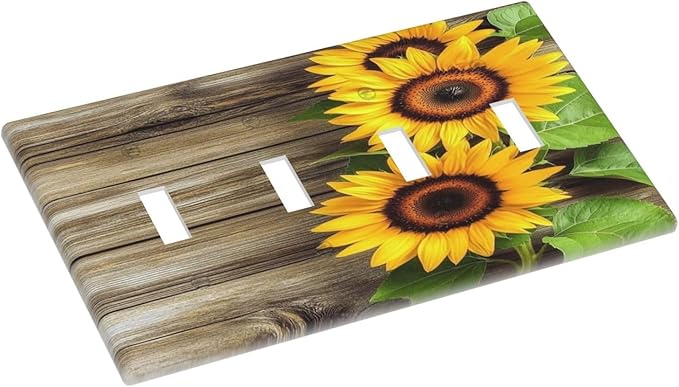Light Switch Covers Sunflowers Rustic Wood Quad Toggle Electrical Faceplate 4 Gang Wall Plate Decorative Switch Plates For Farmhouse Cabin Decor