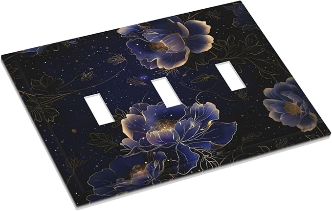 Navy Blue Floral Vintage Flower Dark Watercolor Decorative Switch Plates 3 Gang Wall Plate Triple Toggle Light Switch Cover Faceplate Electrical Wall Panels for Bedroom Living Room Decor