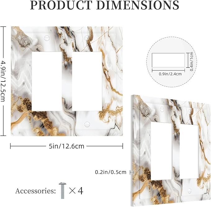 Luxurious Marble Abstract White Gold Tile Modern Simplicity Decorative Outlet Covers 2 Gang Double GFCI Rocker Electrical Wall Panels Light Switch Cover Plate for Bathroom Kitchen Decor
