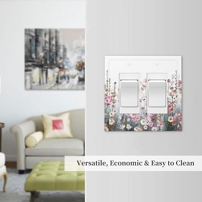 Colorful Flowers Pink Floral Watercolor Plant Decorative Outlet Covers 2 Gang Double GFCI Rocker Electrical Wall Panels Light Switch Cover Plate for Bed Room Living Room Decor