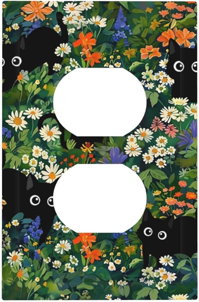 Funny Cartoon Cute Kid Black Cats 1 Gang Duplex Wall Plate Receptacle Outlet Covers Boho Aesthetic Green Floral Flower Forest Decorative Electrical Dual Device Light Switch Plug Socket Faceplate Cover
