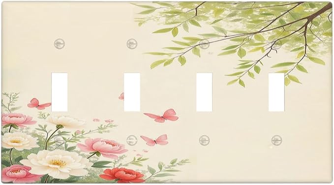 Light Switch Covers Garden Flowers Green Leaves And Butterflies Quad Toggle 4 Gang Wall Plate Electrical Faceplate Decorative Switch Plates for Bedroom Cabin Decor