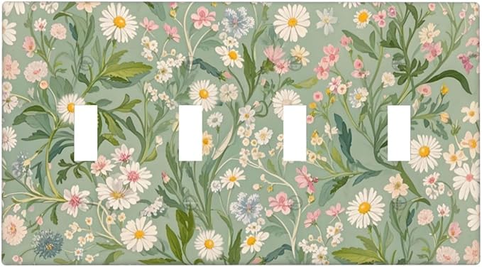 Decorative Switch Plate Cover with Vintage Wildflowers & Daisies on Light Green Background Design 4 Gang Artistic Wall Plate Unique Quad Toggle Light Switch Covers
