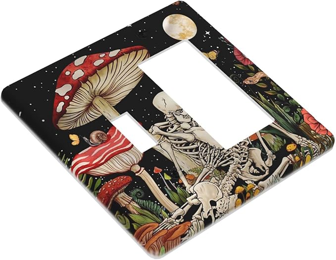 Mushroom Skull Skeleton Moon Combin Wall Plate Cover Decorative 2 Gang Toggle Rocker Light Switch Cover Star Plants Flora outlet cover for Bathroom Home Bedroom Art Panel Decor 4.5 X 4.5 In