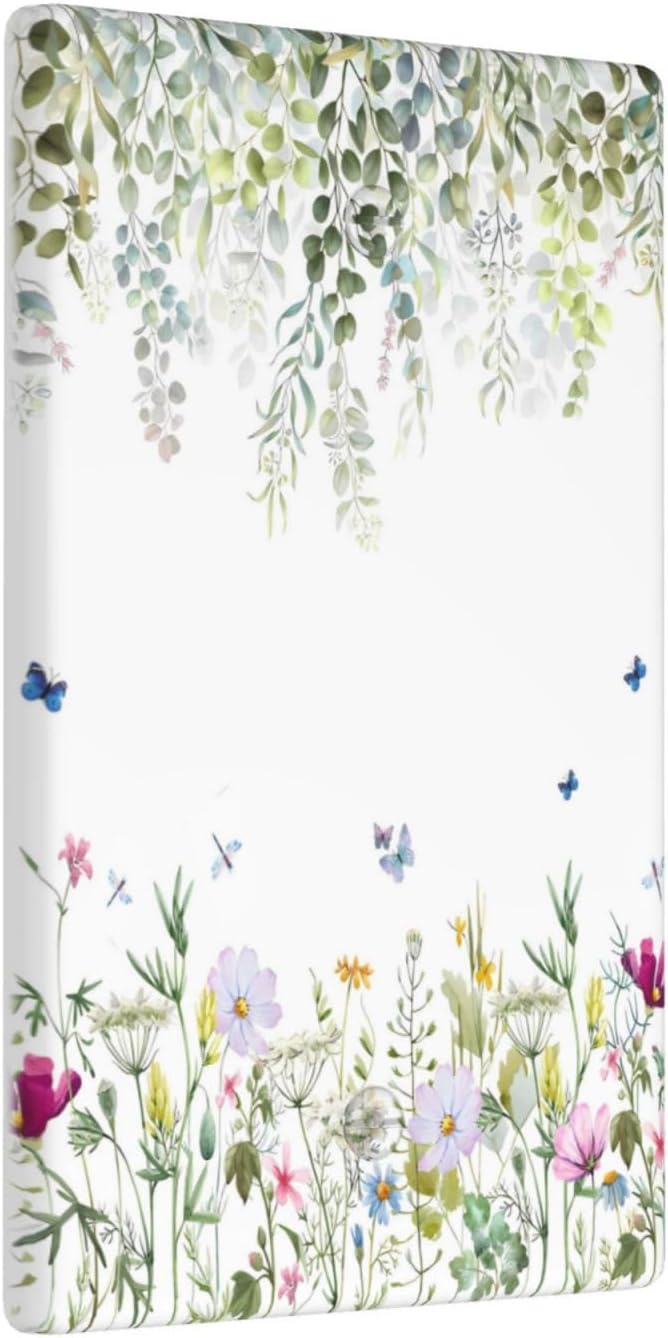 Green Floral Leaves Light Switch Cover Decorative Wild Flower Single Blank Wall Plate Electrical Switchplate Faceplate for Bathroom Kitchen Bedroom