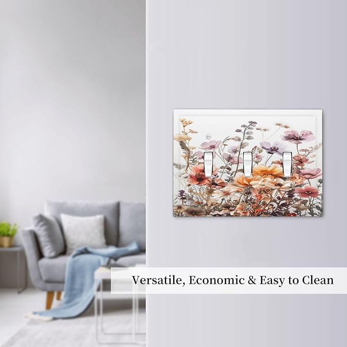 Boho Nursery Wildflower Flora Vintage Flower Decorative Switch Plates 3 Gang Wall Plate Triple Toggle Light Switch Cover Faceplate Electrical Wall Panels for Bedroom Living Room Decor