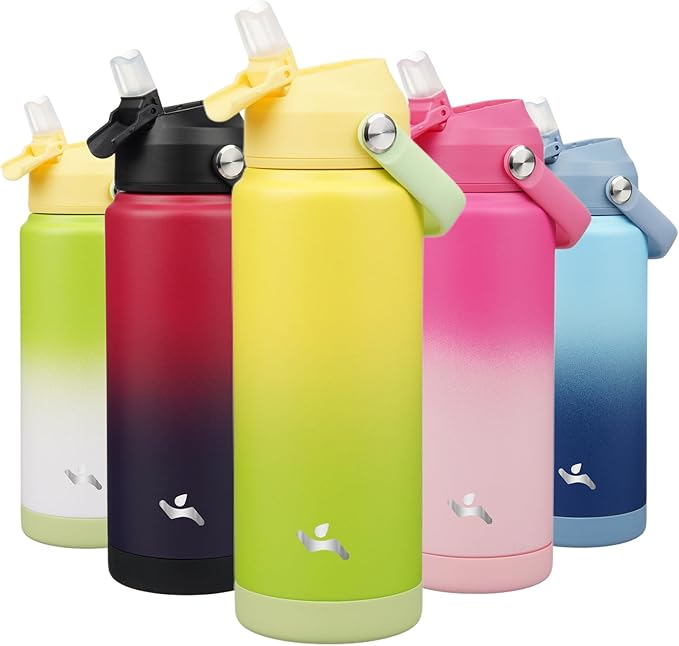 Konokyo Insulated Water Bottle with Straw Lid,24 oz Stainless Steel Vacuum Metal Bottle with Silicone Handle,Lime