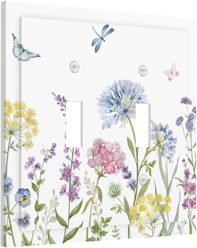 Colorful Wildflowers Dragonfly Lavender Butterfly Insect Decorative Switch Plates 2 Gang Double Toggle Outlet Light Switch Cover Wall Plate Electrical Faceplate for Bedroom Living Room Decor