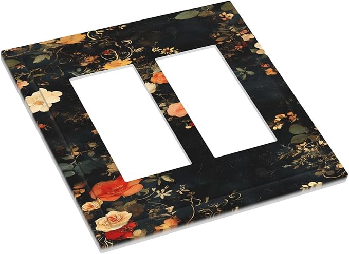 Vintage Orange Pink Black Roses Floral Flower Decorative Outlet Covers 2 Gang Double GFCI Rocker Electrical Wall Panels Light Switch Cover Plate for Farmhouse Bedroom Decor
