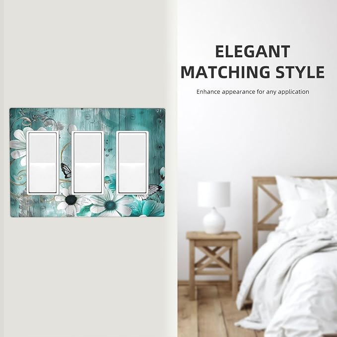 Decorative Outlet Covers Turquoise Flowers and Butterflies Rustic Teal White Floral 3 Gang Wall Plate Triple Rocker Decora Light Switch Cover Plate Jumbo Electrical GFCI Switch Plate Cover