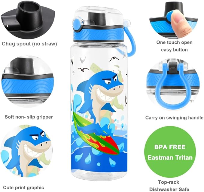 Home Tune Cute Water Bottle for School Kids Girls, BPA FREE Tritan & Leak Proof & Easy Clean & Carry Handle, 23oz/ 680ml - Shark