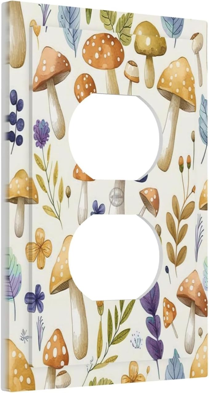Boho Watercolor Mushroom Flowers Leaf Colorful Floral Outlet Covers 1 Gang Duplex Light Switch Cover Decorative Switch Plates Electrical Receptacle Faceplate Wall Plate for Kids Room Nursery Decor
