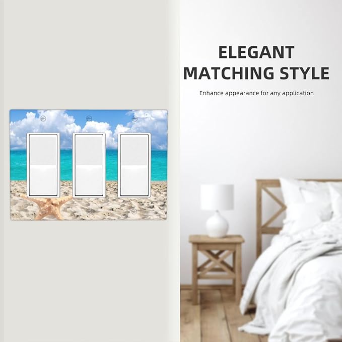 Beach Blue Ocean Triple Gang Rocker Decorative Light Switch Cover, 3-Gang Wall Plate Outlet Cover