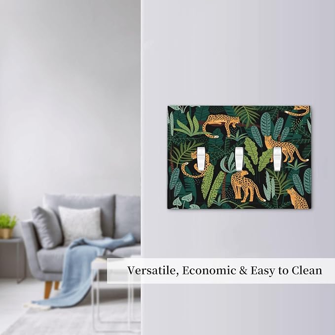 Jungle Cheetah Tropical Wildlife Leopard Green Palm Leaf Decorative Switch Plates 3 Gang Wall Plate Triple Toggle Light Switch Cover Faceplate Electrical Wall Panels for Farmhouse Home Decor
