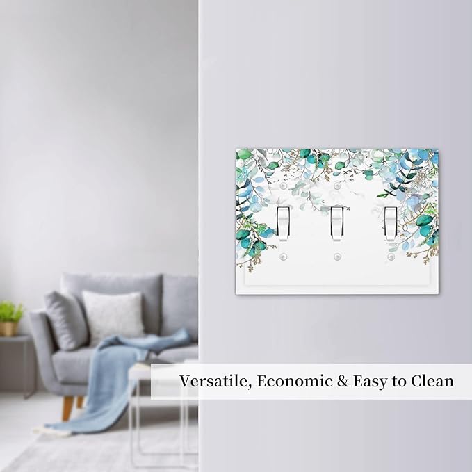 Decorative Light Switch Plate Covers Bohemian Green Eucalyptus Leaf Pine Leaves 3 Gang Wall Plate Switch Cover Plate Triple Toggle Jumbo Electrical Faceplate for Bedroom Home Decor