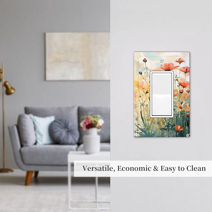 Vintage Red Orange Yellow Poppy Floral Flowers Decorative Outlet Covers 1 Gang Single Rocker Light Switch Cover Plate Wall Plates GFCI Faceplate for Bedroom Living Room Decor