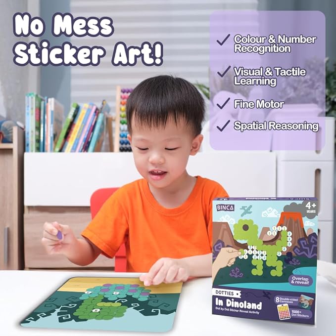 BINCA Dotties Dot Art Activity Kit, 1500+ Stickers, 8 Dinosaurs Mess-Free Activities, DIY Dot Sticker Art, Kids Travel Activities, Gifts for Girls Ages 4,5,6,7