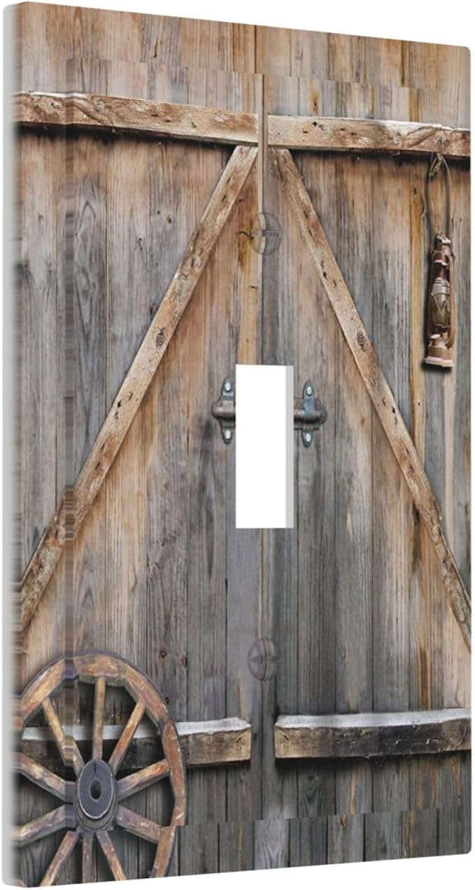 Western Rustic Barn Door Wooden Vintage Farm Wooden Country Garage Cabin 1 Gang Single Toggle Electrical Outlet Light Switch Wall Plate Receptacle Face Plate Cover Decorative One Device Switchplate