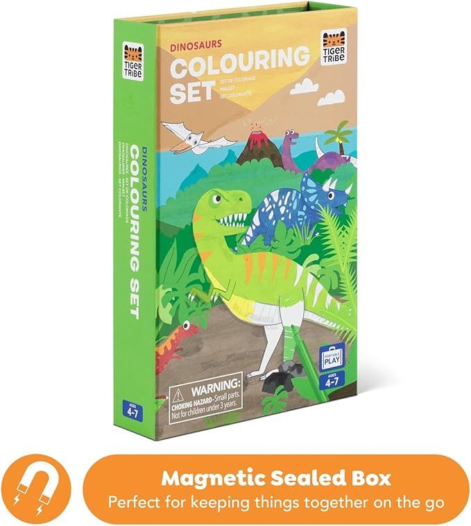 Tiger Tribe Coloring Set - Dinosaurs, Activity Set for Kids, incl. Stickers & Markers Portable Storage Box, Perfect for Travel, Great Gift