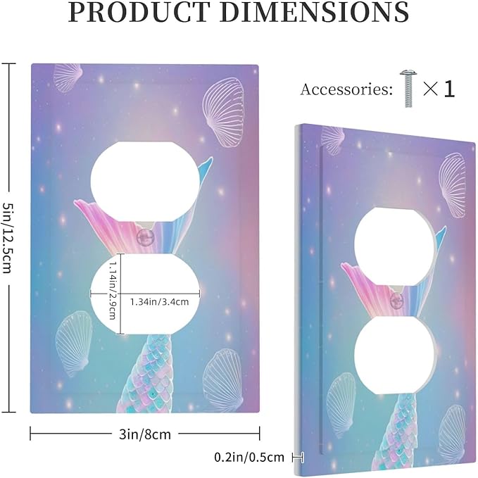 Cute Mermaid Pink Tail Scales Shells Colorful Ocean Outlet Covers 1 Gang Duplex Light Switch Cover Decorative Switch Plates Electrical Receptacle Faceplate Wall Plate for Kids Room Nursery Decor