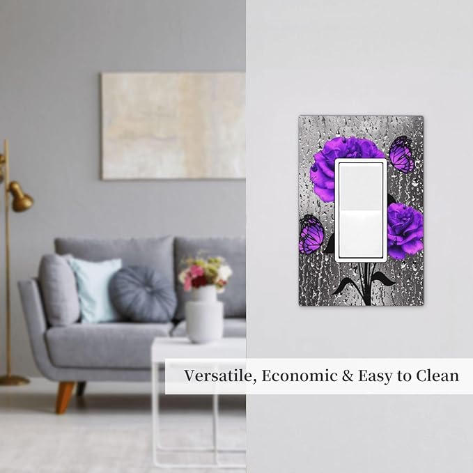 Purple Rose Butterfly 1-Gang Decorator Rocker Outlet Light Switch Cover Romantic Blossom Flowers Floral Art Valentine's Day Decorative Single Device GFCI Switch Wall Plate Dimmer (4.92 IN x 3.23 IN)