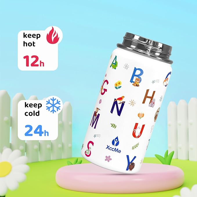 Alphabet Kids Water Bottle With Straw Lid,14 oz Stainless Steel Travel Bottle,Double Wall Leak Proof Kids Cup,Insulated Tumbler for Toddlers,Metal Animal Bottle for School Boys Girls