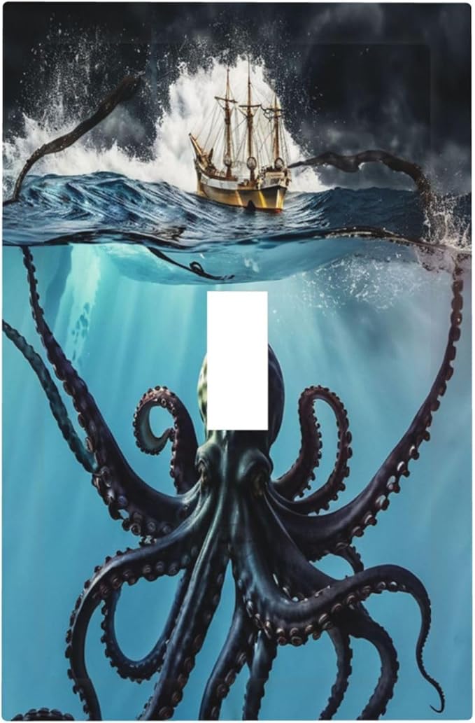 Light Switch Cover Plate Black Ocean Nautical Octopus Ship Funny Kraken 1 Gang Decorative Switch Plate Covers Single Toggle Wall Plates Electrical Faceplate for Bathroom Home Decor