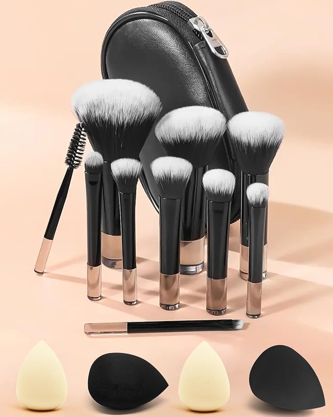 PGRODE Mini Travel Makeup Brushes Portable Set, 14 Pieces, Full Complete Function Cosmetic Kit with Brush Pouch, On the Go Short Makeup Brush Small Travel Essentials for Women, Girls (Black)