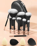 PGRODE Mini Travel Makeup Brushes Portable Set, 14 Pieces, Full Complete Function Cosmetic Kit with Brush Pouch, On the Go Short Makeup Brush Small Travel Essentials for Women, Girls (Black)