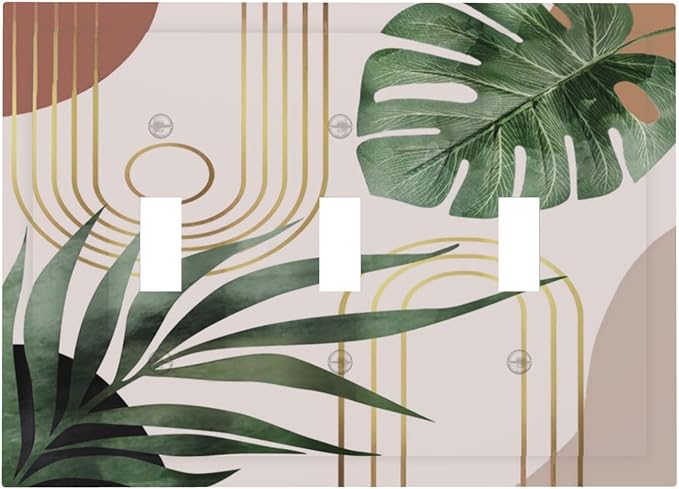 Mid Century Boho Mid Size 3 Gang Triple Toggle Light Switch Cover Wallplate Minimalist Aesthetic Art Abstract Tropical Green Palm Leaves Decorative Outlet Cover Electrical Faceplate Switch Face Plate