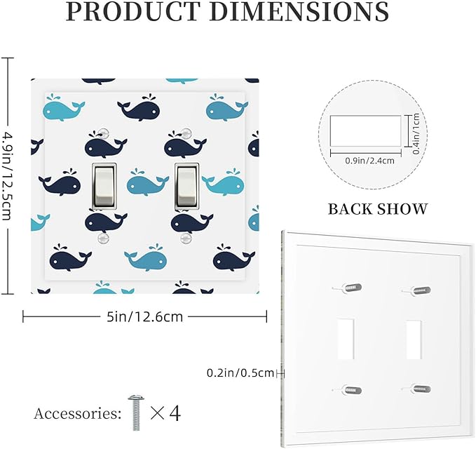 Cute Blue Whales Double Toggle Switch Cover - 2-Gang Standard US Size Nautical Whale Pod Light Switch Covers, Minimalist Coastal for Nursery Decor
