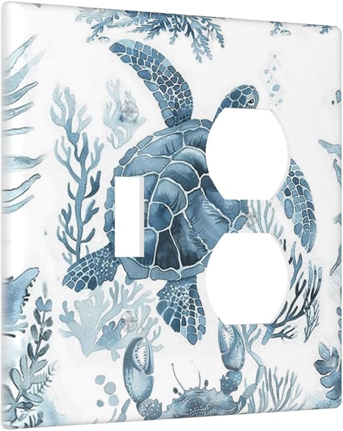 Blue Sea Turtle Coastal Coral Beach Crab Seaweed Wallplates 1 Toggle 1 Duplex Switch Plate Electrical GFCI Faceplate Decorative Light Switch Covers for Kids Room Bathroom Decor