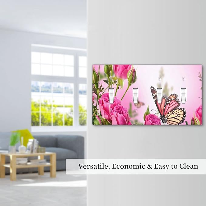 Pink Rose Butterfly Flower 4 Gang Light Switch Cover Decorative Quad Toggle Wall Plate Decorative Electrical Faceplate for Spring Butterfly Floral Kitchen Home Barn Farmhouse Decorate Large 8" x 4.5