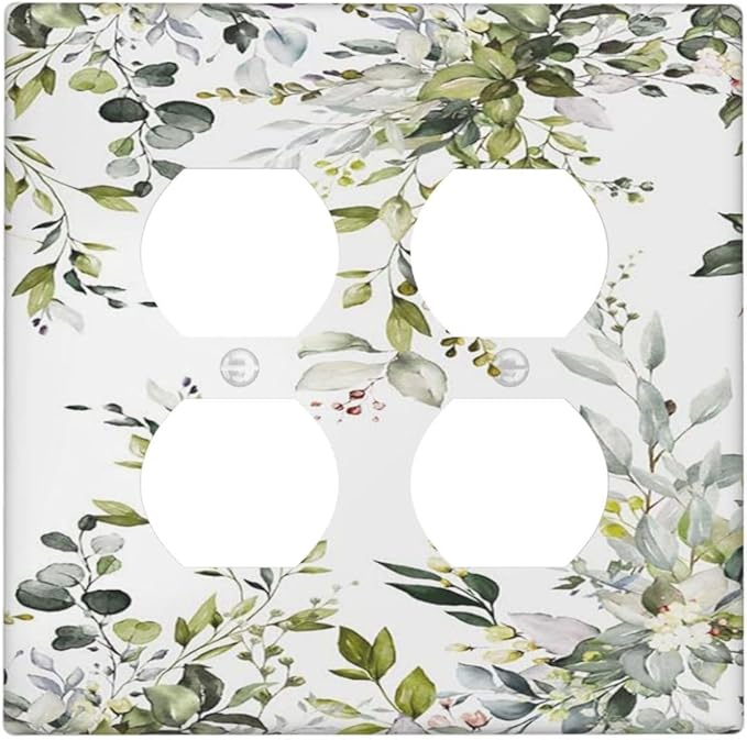 Eucalyptus Sage Green Leaf Plant Floral Outlet Covers 2 Gang Double Duplex Decorative Light Switch Covers Electrical Wallplates Socket Faceplate for Bedroom Living Room Decor