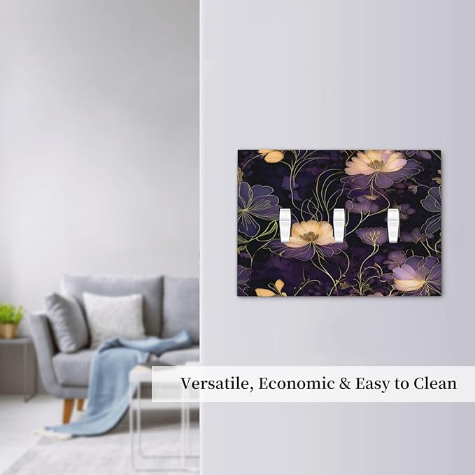 Modern Boho Vintage Gold Purple Dark Floral Modern Abstract Flowers Decorative Switch Plates 3 Gang Wall Plate Faceplate Electrical Wall Panels Triple Toggle Light Switch Cover for Bedroom Living Room